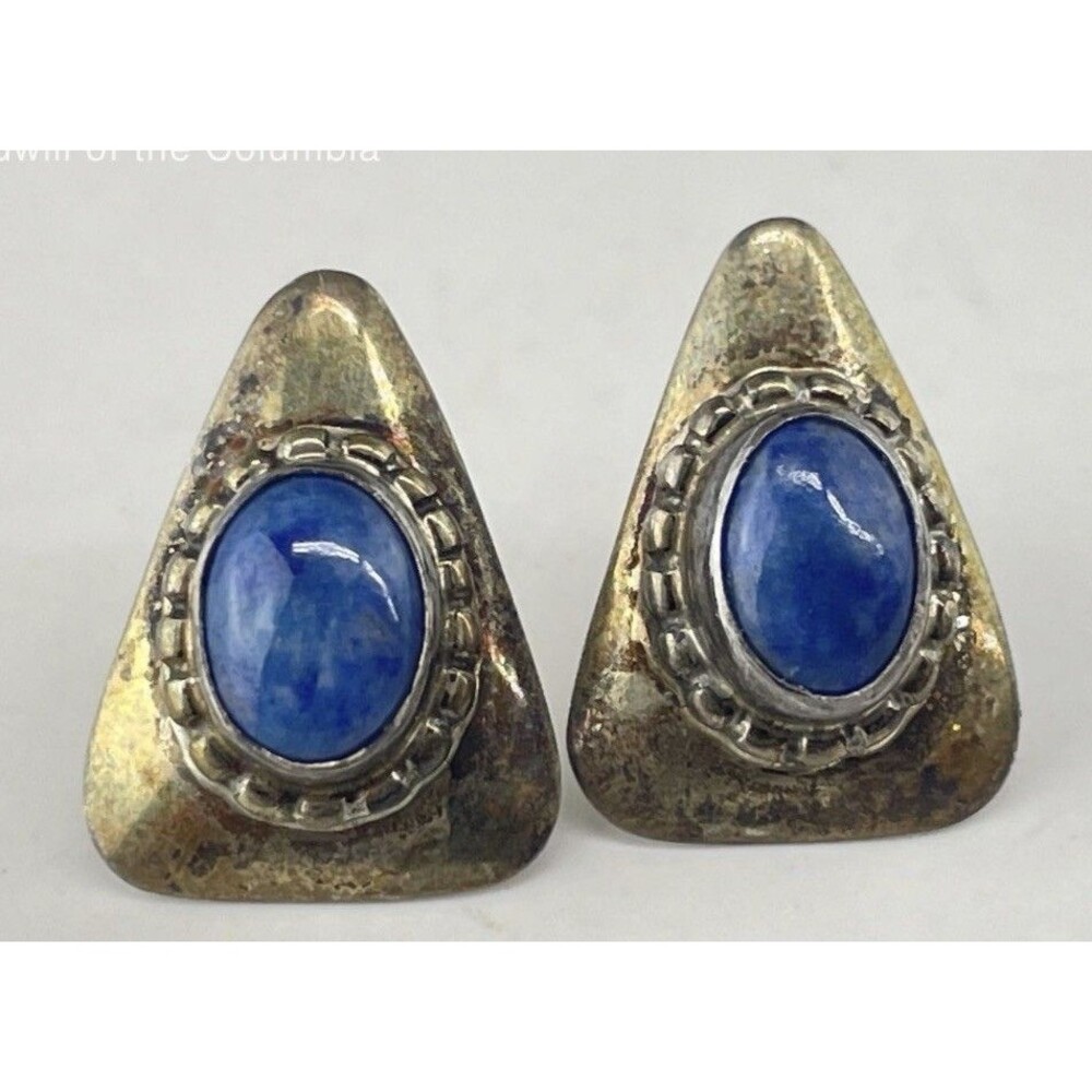 Vintage Murray Jackson Navajo 925 Sterling Silver Lapis Lazuli Triangle Earrings